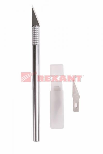 Нож с перовым лезвием 5 запасных лезвий (скальпель) Rexant 12-4910